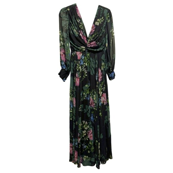 Badgley Mischka Black Floral Print Pleated Maxi Dress Sz 0 Deep-V Chiffon Formal - Picture 3 of 9